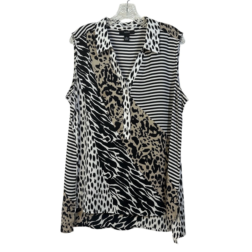 Alfani Womens 16 Sleeveless Animal Print Striped Mixed Media Blouse Black Tan